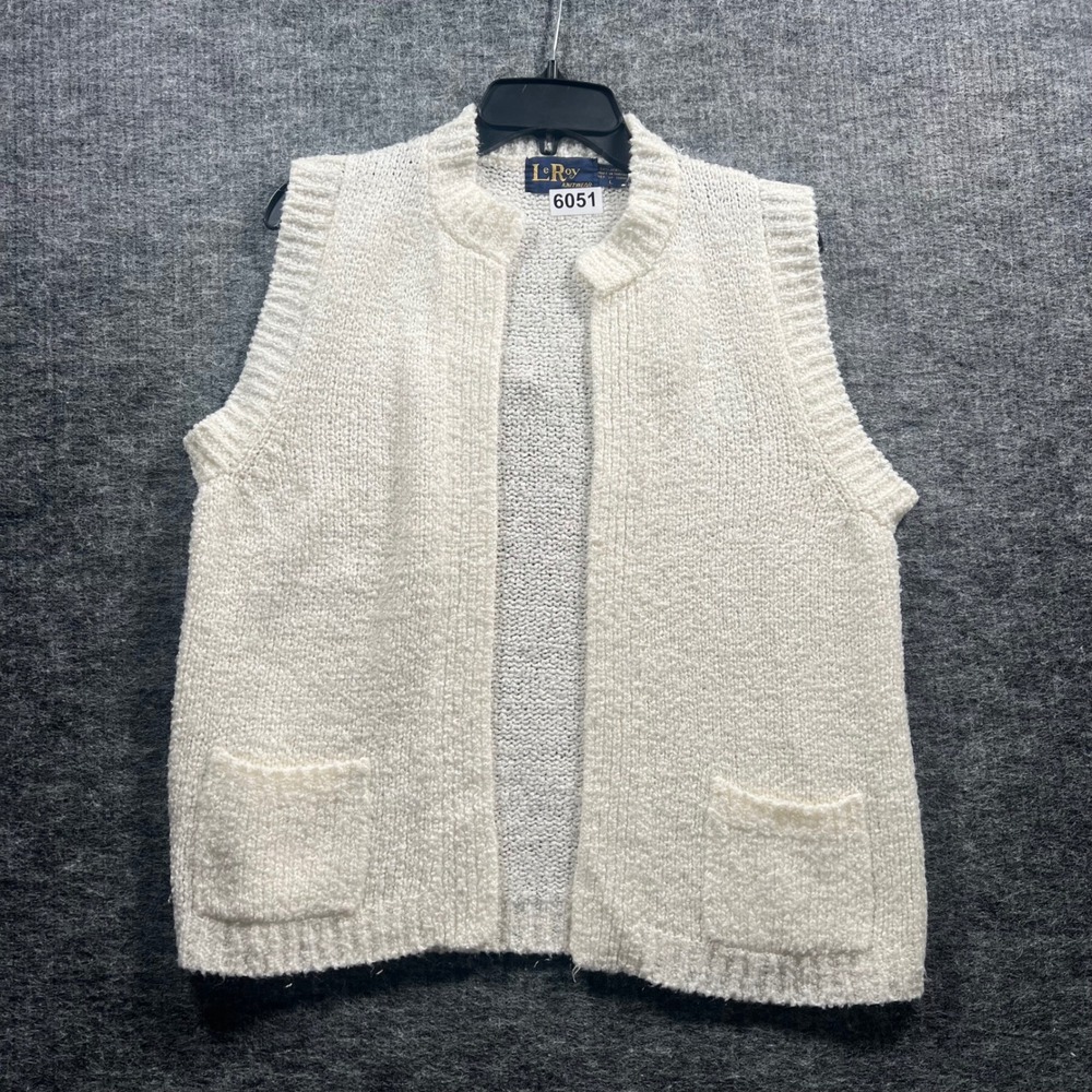 LeRoy Knitwear Vintage White Knit Open Front Cardigan Vest Pockets Large
